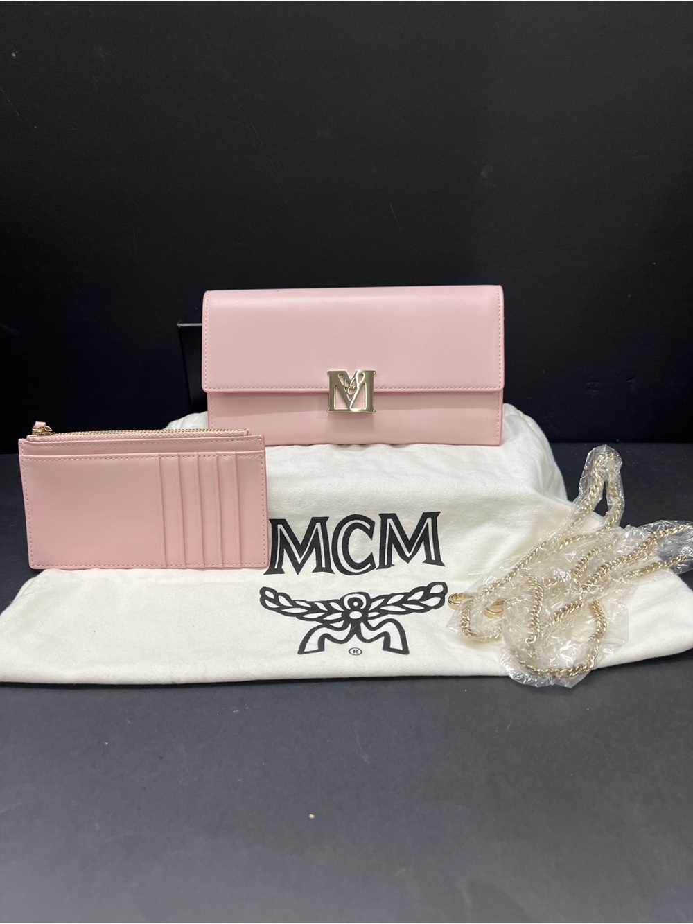MCM Blush Pink Leather Wallet Clutch with Card Sleeve and Chain